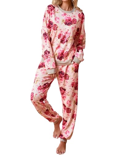 Famulily Schlafanzug Damen Lang Pyjama Set Rundhals Weich Zweiteiliger Nachtwäsche Herbst Winter Warme Schlafanzugoberteile und Pyjamahosen mit Tasche Beige S von Famulily