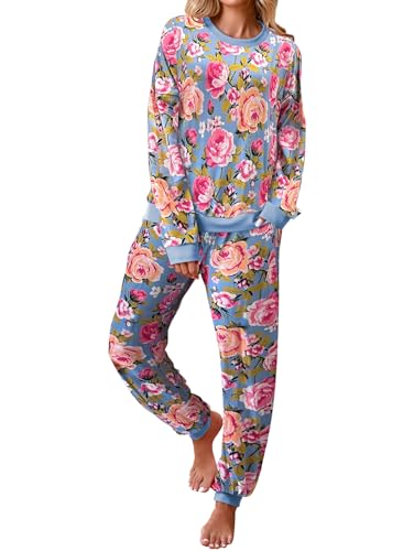 Famulily Schlafanzug Damen Lang Pyjama Set Warme Winter Langarm Oberteile und Weich Pyjamahosen Frauen Bequem Blumen Print Hausanzug Freizeitanzug Hellablau XL von Famulily