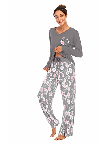 Famulily Schlafanzug Damen Lang Pyjama Set Winter Pyjama Baumwolle Nachtwäsche Print V-Ausschnitt langärmeliger Zweiteiliger mit Taschen,Dunkelgrau,XL von Famulily