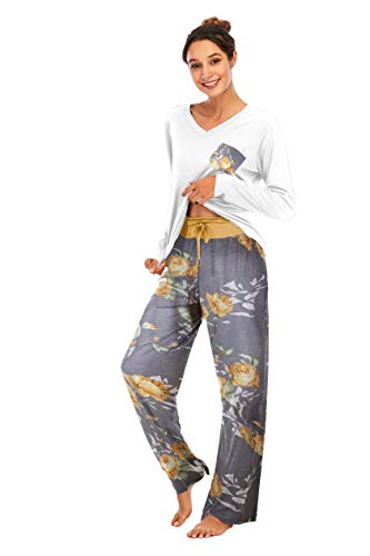 Famulily Schlafanzug Damen Lang Pyjama Set Winter Pyjama Baumwolle Nachtwäsche Print V-Ausschnitt langärmeliger Zweiteiliger mit Taschen,Gelb,S von Famulily