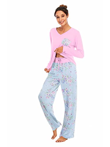 Famulily Schlafanzug Damen Lang Pyjama Set Winter Pyjama Baumwolle Nachtwäsche Print V-Ausschnitt langärmeliger Zweiteiliger mit Taschen,Rosa,XXL von Famulily