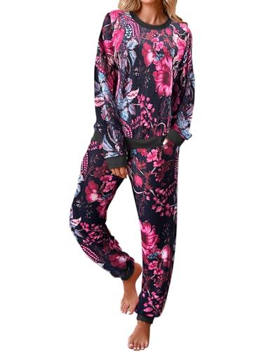 Famulily Schlafanzug Damen Lang Pyjama Set Zweiteiliger Gemustert Nachtwäsche Bequem Rundhals Schlafanzüge Hausanzug Freizeitanzug mit Rippbündchen Schwarz L von Famulily