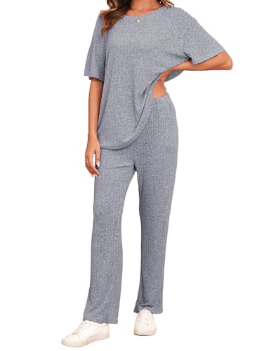 Famulily Schlafanzug Damen Sommer Kurzarm Pyjama Rundhals Loungewear Jogginganzug Weites Bein Zweiteiler Set Travel Outfit mit Taschen (XL,Blau) von Famulily