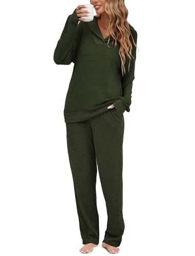 Famulily Schlafanzug für Damen, Schalkragen, überschnittene Schulternähte, langärmeliges Pullover-Top und gerippte Hose, S-XXL, armee-grün, M Famulily Schlafanzug für Damen, Schalkragen, überschnittene Schulternähte, langärmeliges Pullover-Top und gerippte Hose, S-XXL, armee-grün, M von Famulily
