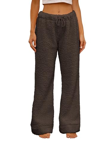 Famulily Schlafhose Damen Winter Lang PlüSch Teddy Fleece Haushose mit Elastische Taille Kaffee M von Famulily