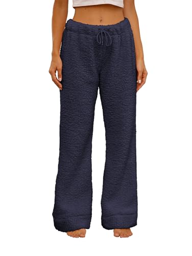 Famulily Schlafhose Frauen Winter Lang PlüSch Teddy Fleece Haushose mit Elastische Taille Navy L von Famulily