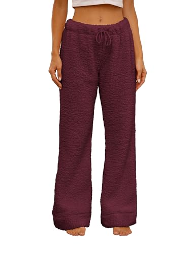 Famulily Schlafhose Frauen Winter Lang PlüSch Teddy Fleece Haushose mit Elastische Taille Weinrot L von Famulily