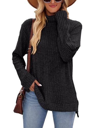 Famulily Schwarze Tunika Pullover Tops für Frauen tragen mit Leggings, gerippte Strick Loose Fit Turtleneck Fall Pullover (L, Schwarz) von Famulily
