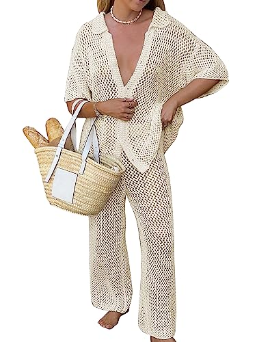 Famulily Sexy Damen-Badeanzug-Set mit Aussparungen, Oberteil mit Knopfleiste und Hose mit Kordelzug, 2-teiliges Strand-Set, Beige, Large von Famulily