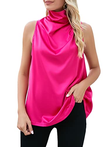 Famulily Sexy Damen Tanktop mit Wasserfallkragen, ärmellos, gerüscht, Satin, seidig, Cami-Top, Basic, einfarbig, Tanks, Magenta, XX-Large von Famulily