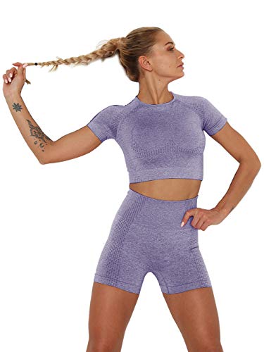 Famulily Sexy Workout-Outfit für Damen, 2-teilig, nahtlose Yoga-Leggings, kurzärmeliges T-Shirt und Shorts Set, Sommer, Freizeit, Fitnessstudio, Laufsport, Yoga-Kleidung Gr. S, violett von Famulily