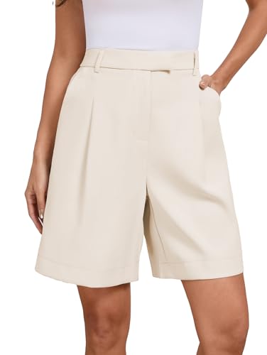 Famulily Solide Damen Shorts mit hoher Taille und weitem Bein Arbeitskleidung mit Reißverschlusstasche Knielange Kurze Hosen Beige L von Famulily