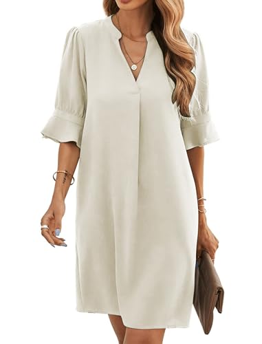 Famulily Sommer Kleid für Frauen Trendy V-Ausschnitt Nette Kleider Casual Lose Flowy Mini Kleid Beige M von Famulily
