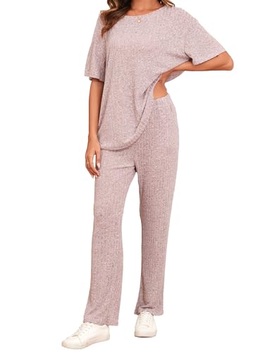 Famulily Sommer Outfits Damen 2 Teiler Schlafanzug Kurzarm Rundhals Pyjamas Freizeitanzug Loungewear Sets Jogginganzug mit Taschen (S,Rosa) von Famulily