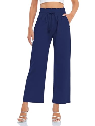 Famulily Sommerhose Damen Leicht Yogahose Lang Weites Bein Baumwolle Baggy Hose High Waist Blau 2XL von Famulily