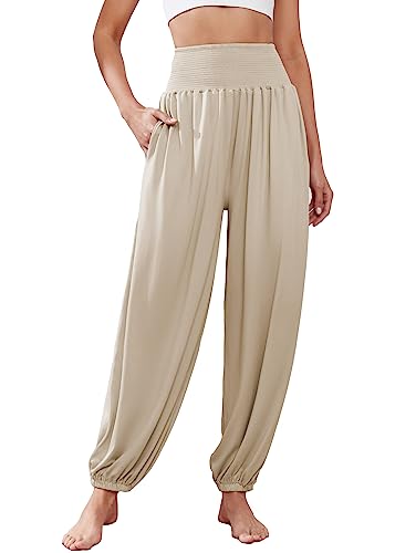 Famulily Sommerhose für Damen Frauen Lose Gesmokte Palazzo Haremshosen mit Taschen Khaki M Famulily Sommerhose für Damen Frauen Lose Gesmokte Palazzo Haremshosen mit Taschen Khaki M von Famulily