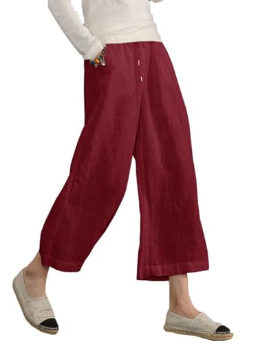 Famulily Stoffhosen FüR Damen Elegant Hosen mit Seitentaschen Damen Weite Beine Weinrot M von Famulily