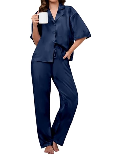 Famulily Süßes Damen-Pyjama-Set, kurzärmelig, Nachtwäsche und bequeme Pyjamahose, weiche Lounge-Sets mit Taschen, S-XXL, marineblau, 38 von Famulily