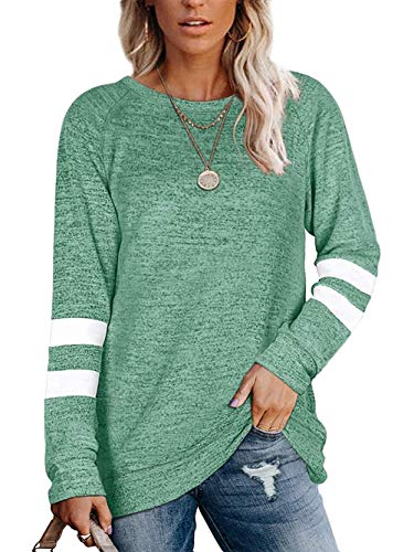 Famulily Damen Langarmshirts Baumwolle Rundhals Gestreift Leicht Weich Basic Lang Oberteile T-Shirts Grün S von Famulily