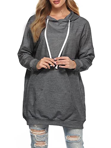 Famulily Sweatshirt mit Kapuze Damen Lang Sweatkleid Langarm Hoodie mit Kapuze Baumwolle Hellgrau S von Famulily