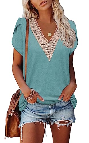 Famulily T-Shirt Damen V Ausschnitt Sommer Lässige Oberteile Blütenblatt Kurzarm Tops Casual Elegant Bluse (M,Lichtgrün) von Famulily