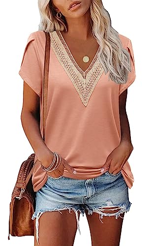 Famulily T Shirt V Ausschnitt Damen Sommer Lässige Oberteile Blütenblatt Kurzarm Tops Casual Elegant Bluse (M,Rosa) von Famulily