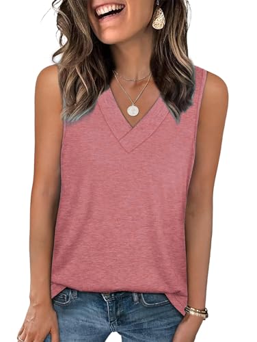 Famulily Tank Top V Ausschnitt Damen Sommer Oberteile Basic T-Shirt Sport Locker Ärmellose Bluse (L,Rosa) von Famulily