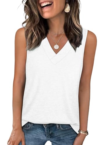 Famulily Tanktop Damen Locker Sommer 2025 Sexy Oberteil Longshirt Ohne Ärmel Top mit V Ausschnitt (XXL,Weiß) von Famulily