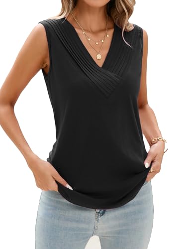 Famulily Tanktops Frauen Ärmellose Bluse Plisserte V Ausschnitt Damen Oberteil Sommer Tops 2025 (XL,Schwarz) von Famulily