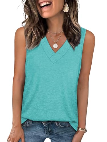 Famulily Top V Ausschnitt Damen Basic Shirt Sporttop Lange Tanktops Frauen Sommer Ärmellose Bluse (XXL,Grün) von Famulily