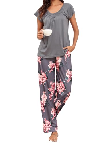 Famulily U Ausschnitt Pyjama Frauen Kurz mit Langer Hose Sommer Loungewear Set Lang Schlafanzüge Set mit Aufdruck Kurz Hausanzug Dunkelgrau 2XL von Famulily