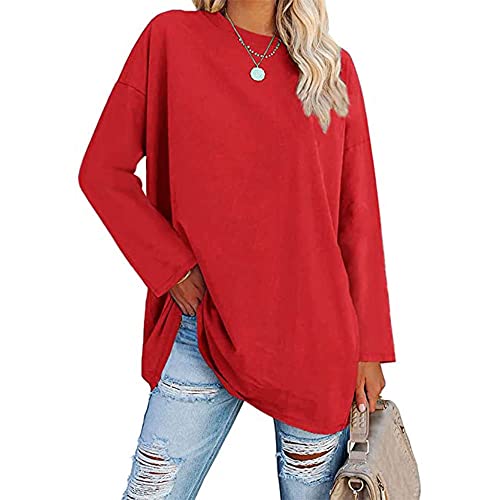 Famulily Übergroße Langarm Baseball Tshirt Damen Rundhals Einfache Basic Tunika Tops (XXL, Rot) von Famulily
