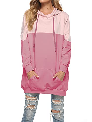 Famulily Übergroßer Damen-Kapuzenpullover, extra lang, Tunika, Sweatshirt mit Taschen, #2 Pink, XL von Famulily