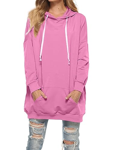 Famulily Übergroßer Damen-Kapuzenpullover, extra lang, Tunika, Sweatshirt mit Taschen, Knallpink (Hot Pink), S von Famulily