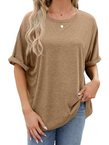 Famulily Übergroßes T-Shirt für Damen, Rundhalsausschnitt, gerollt, kurzärmelig, Sommer, lockere T-Shirts, Tunika-Tops, khaki, XXL Famulily Übergroßes T-Shirt für Damen, Rundhalsausschnitt, gerollt, kurzärmelig, Sommer, lockere T-Shirts, Tunika-Tops, khaki, XXL von Famulily