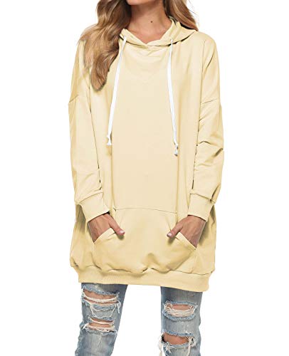 Famulily Warm Hoodie Kleid Damen Oversize Long Sweatshirt Langarm Herbst Pullover Frauen Kuschel Kapuzenpulli Beige S von Famulily