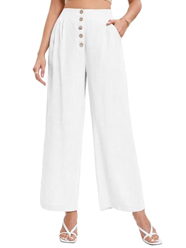 Famulily Wide Leg Palazzo Hosen für Frauen Weiße Leinen Hosen für Frauen Sommer Knopf Arbeitshose (XL, Elfenbein) von Famulily