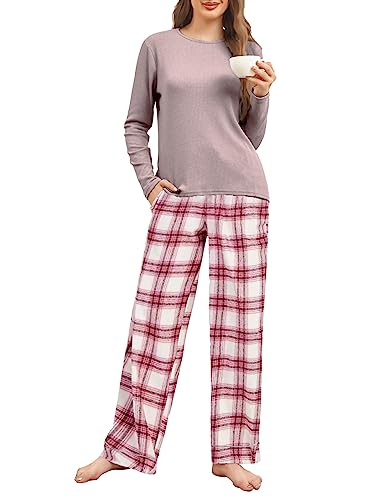 Famulily Womens Bequeme Langarm Pyjamas Set Nette Strick Top und Plaid Hosen Pjs Lounge Nachtwäsche Sets mit Taschen Rosa XL von Famulily