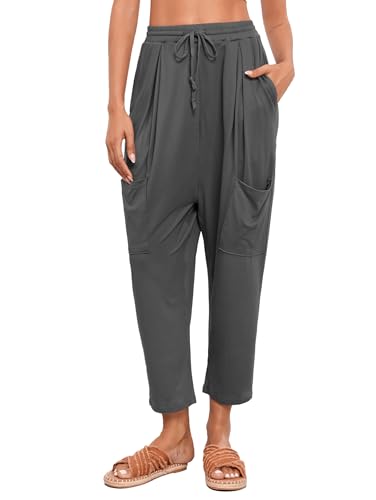 Famulily Womens Flowy Boho Yoga Pants Cotton Elastic Waisted Loose Palazzo Harem Pants with Pockets Dunkelgrau L von Famulily