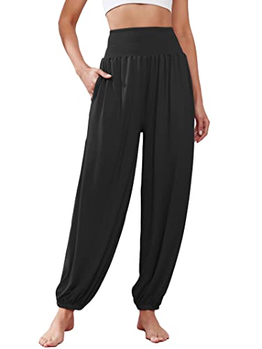 Famulily Yoga Atmungsaktive Hosen für Frauen Mädchen mit Taschen Harem Pyjamas Lounge Hosen für Sommer Strand Schwarz XL von Famulily