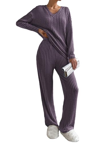 Famulily Zweiteiler Damen Elegant Schlafanzug Langarm V-Ausschnitt Loungewear Jogginganzug Wide Leg Pyjama Set Outfit mit Taschen (XL,Lila) von Famulily