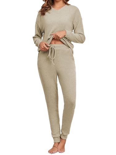Famulily Zweiteiler Damen Jogginganzug Hausanzug Strickanzug Freizeitanzug Casual Outfit Herbst Kleidung, Langarm Loungewear Set Oberteil und Jogginghose (L,Khaki) von Famulily