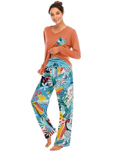 Famulily bequemer Damen-Pyjama, Set, Blumendruck, langärmelig, Loungewear, Oberteil und Hose mit weitem Bein, weiche Nachtwäsche, Orange, XL Famulily bequemer Damen-Pyjama, Set, Blumendruck, langärmelig, Loungewear, Oberteil und Hose mit weitem Bein, weiche Nachtwäsche, Orange, XL von Famulily