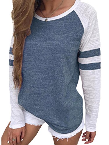 FamulilyDamen Streifen Langarmshirt Tops Elegant Lose Baseball T-Shirt Sweatshirt Bluse , Blau , 38 von Famulily