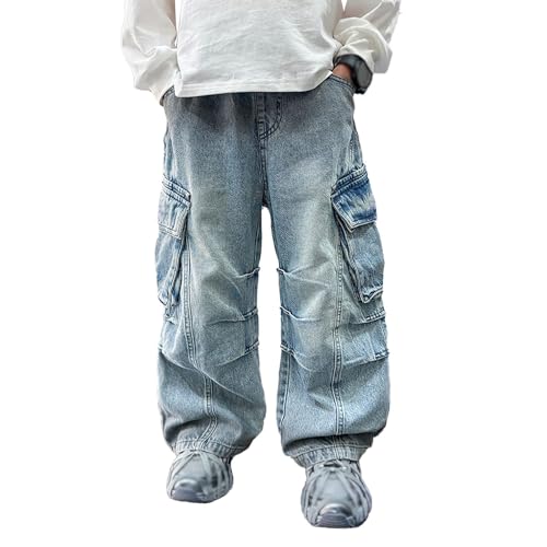 Baggy Jeans Jungs 164 Slim, Baggy Hosen Jungs Straight Leg Relaxed Freizeithose Jeanshosen Kinder Loose Fit Cargo Jogginghose Streetwear Weites Bein Denim Jeans Cargohose mit Elastischem Bund 160 von Famzuneu