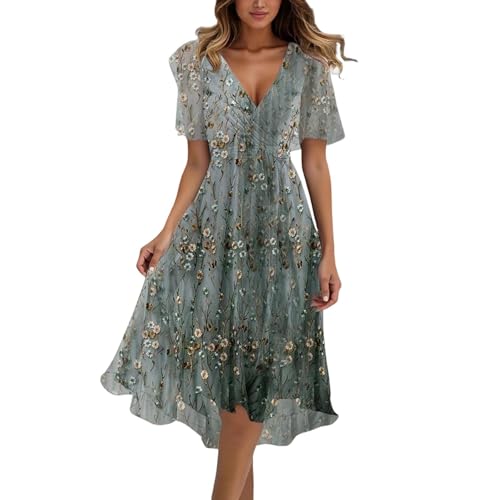 Damen Boho Blumendruck midikleid Kurzarm Sommer langes Kleid, Damen Sommerkleid Chiffon Vusschnitt Blumenmuster A-Linie Hochzeit Party Urlaub Elegant Bequem Midikleid für Festliche Anlässe von Famzuneu
