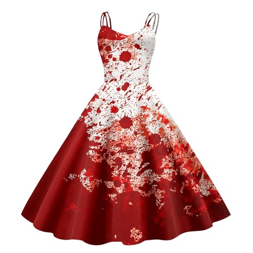 Zombie Braut Kostüm, Halloween Kostüm Damen Gruselig Zombie Blutige Bedruckt Braut Kleid Horror Elegant Brautkleid Ärmellos Kleider mit Blutigem Print Mittelalter Party Karneval Cocktailkleid von Famzuneu