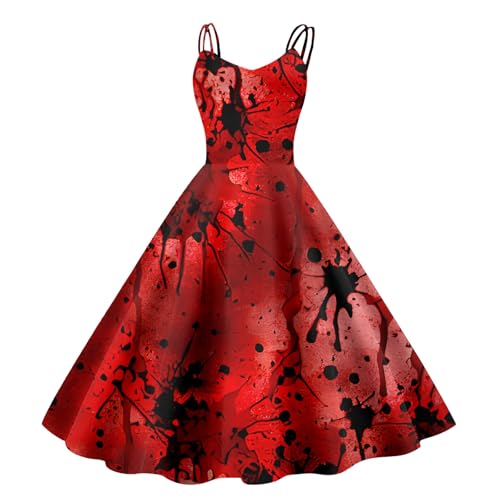 Halloween Kostüm Gruselig, Halloween Kostüm Damen Gruselig Zombie Blutige Bedruckt Braut Kleid Horror Elegant Brautkleid Ärmellos Kleider mit Blutigem Print Mittelalter Party Karneval Cocktailkleid von Famzuneu