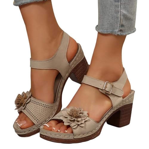 Famzuneu Sandalen Damen mit Absatz Elegant Sommerschuhe mit Blumen Breite Füße Sandaletten Bequem Offene Zeh Schuhe Damensandalen Festliche Damenschuhe Sommer Hausschuhe, Khaki, 39 von Famzuneu