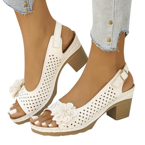 Famzuneu Sandalen Damen mit Absatz Elegant Sommerschuhe mit Blumen Breite Füße Sandaletten Bequem Offene Zeh Schuhe Damensandalen Festliche Damenschuhe Sommer Hausschuhe, Weiß, 37 von Famzuneu